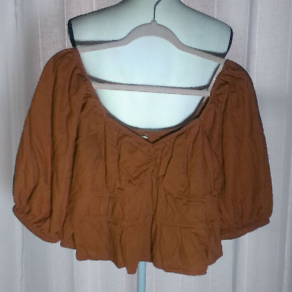A NEW DAY Crop Top Linen/Rayon Balloon Sleeve Scoop Neck Terracotta L